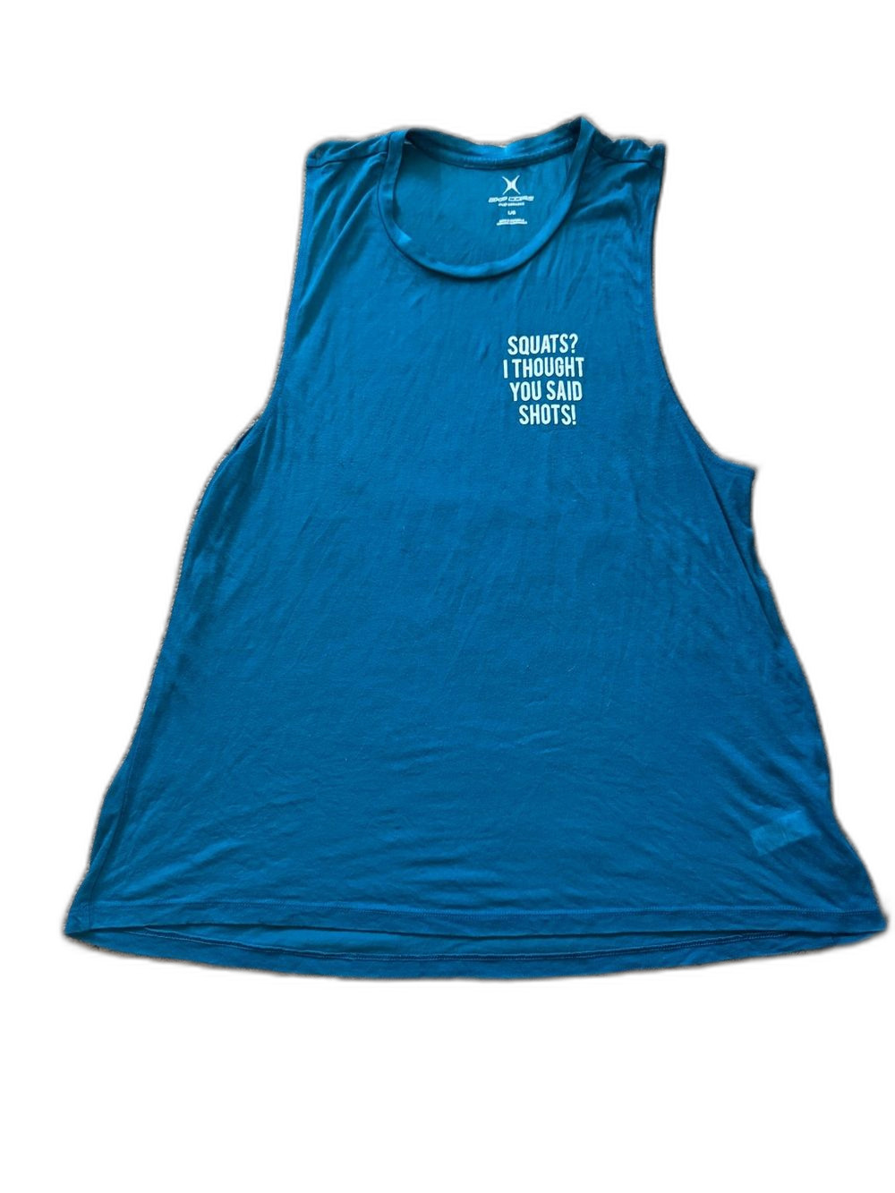 Express EXP Core Blue Sheer Muscle Tank Squats I Thought You Said Shots Large